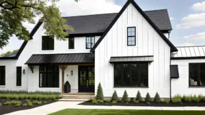 A modern two-story house with a white exterior and black roof, surrounded by landscaped greenery during Adobestock 559406216.