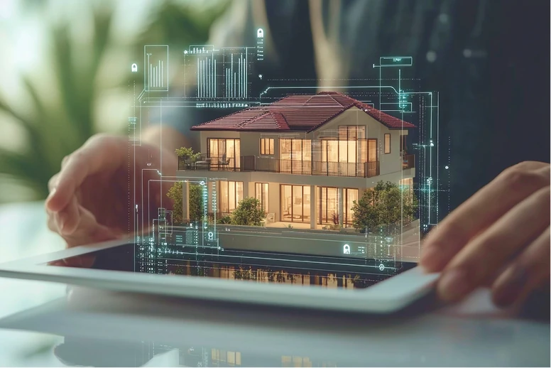 Person using tablet to interact with a 3D smart home model, symbolizing property technology and digital real estate tools